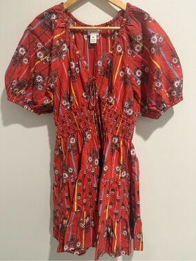 Japna Red Floral Puff Sleeve Smocked Cotton Mini Dress M Boho Fall Festival